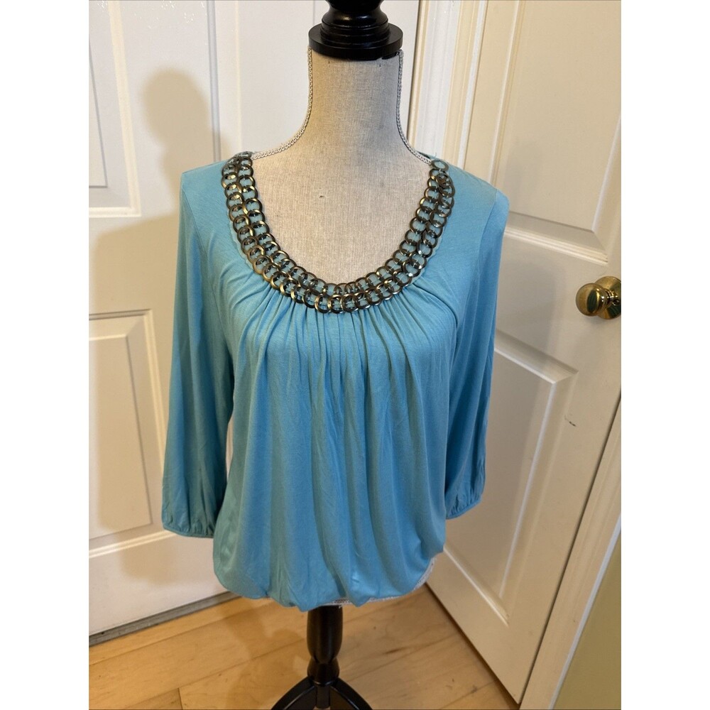 SOFT BLUE AUGUST SILK Size M Aqua T-Shirt Top Rayon Blend